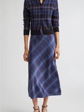 Vince Plaid Satin Midi Skirt in Navy and Blue size S